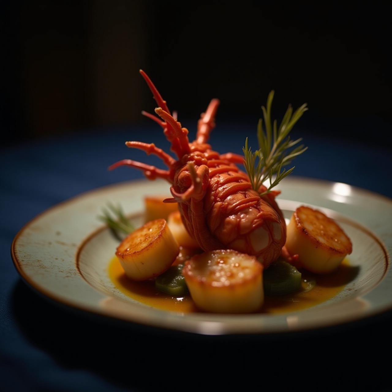 Exquisite seafood platter served on original ceramic art